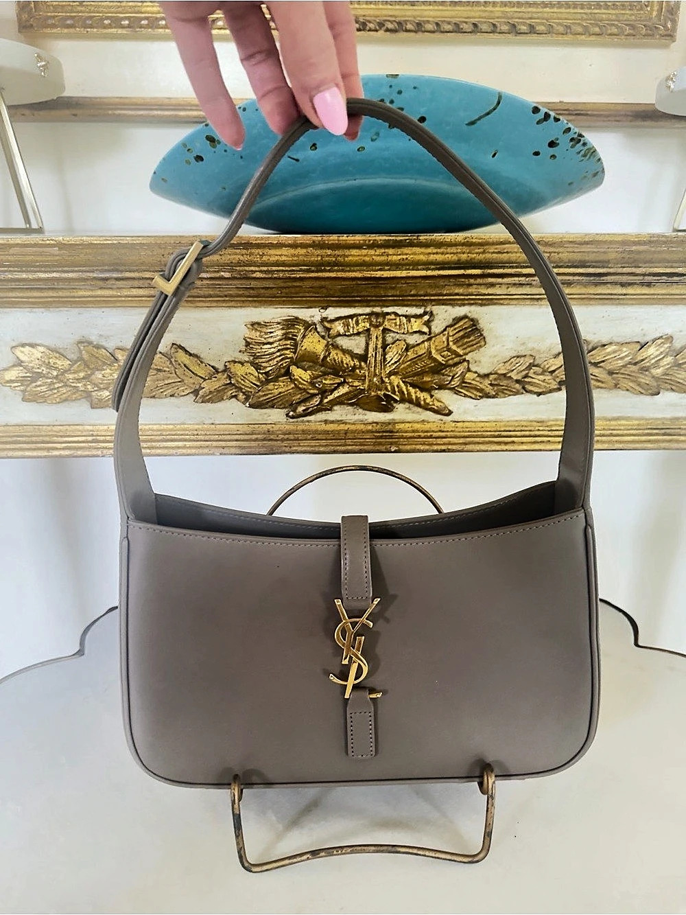Saint Laurent Le 5 à 7 Hobo Bag in Smooth Calfskin Gray Shoulder Bag